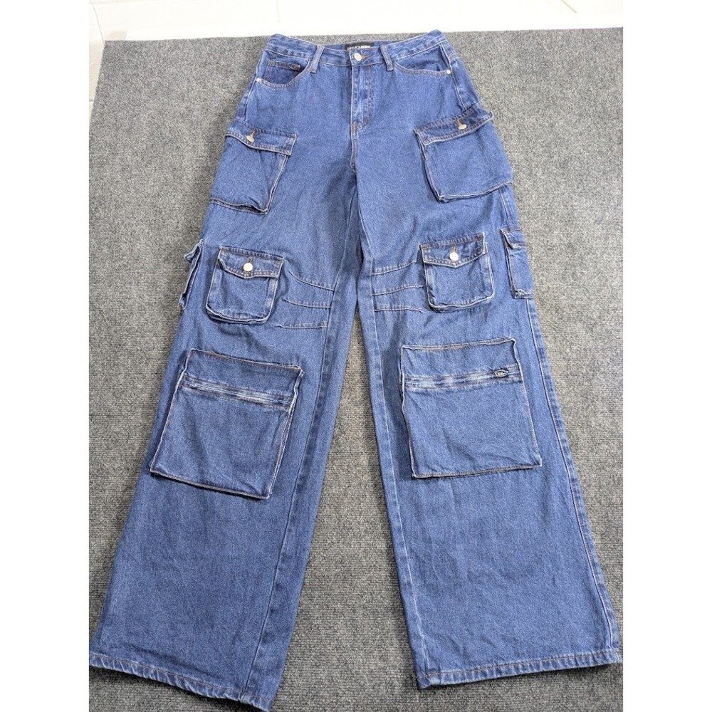 Fashion Nova Cargo Jeans Women Size 7 Blue Medium Wash Wide Leg Multi Pocket